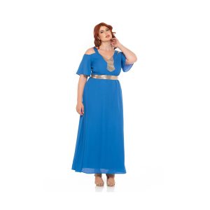 Φόρεμα Αμπιγιέ με Έξω τους Ώμους και Φαρδιά Ράντα Γαλάζιο